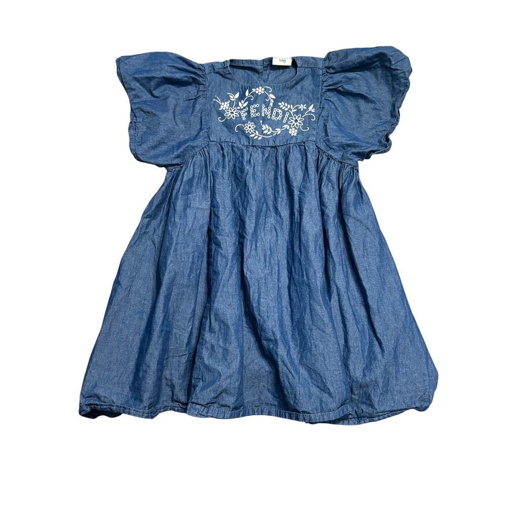 Fendi Denim Dress Kids Size 24M Blue Embroidered Logo Puff Sleeve Chambray